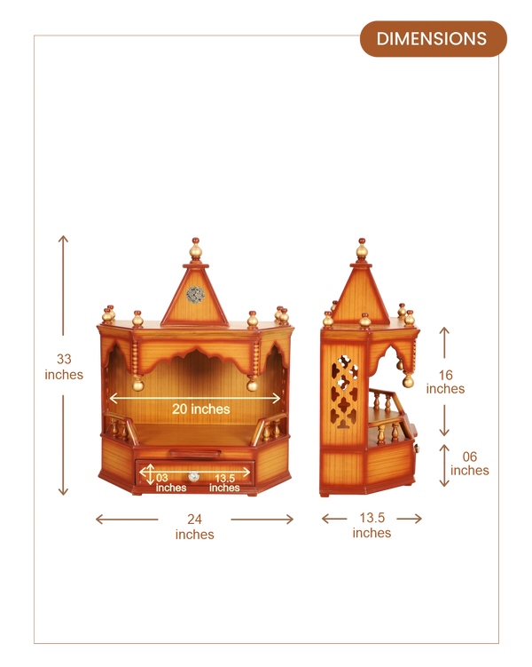 Pratishtha Solid Wood Wall Mount Pooja Mandir (Teak Gold) dimensions