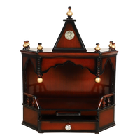 Pratishtha Solid Wood Wall Mount Pooja Mandir/Wooden temple for home in Brown Gold color front view open drawer