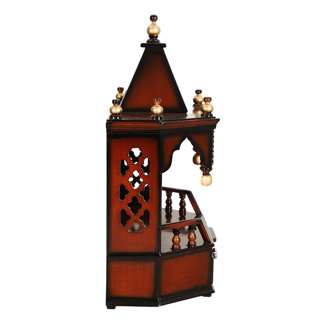 Pratishtha Solid Wood Wall Mount Pooja Mandir/Wooden temple for home in Brown Gold color side view featuring jali design