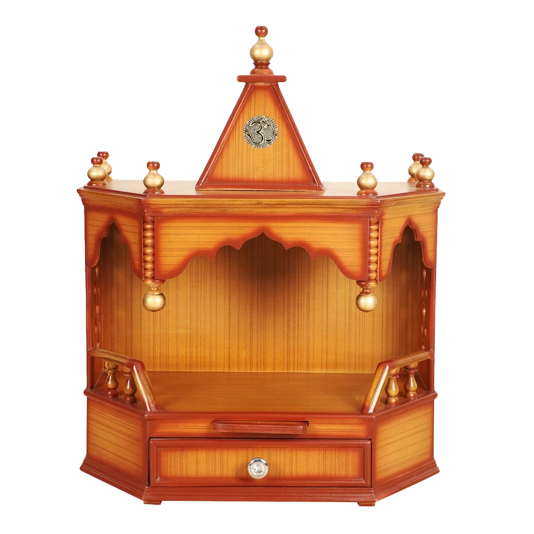 Pratishtha Solid Wood Wall Mount Pooja Mandir/Wooden temple for home in Teak Gold color front view