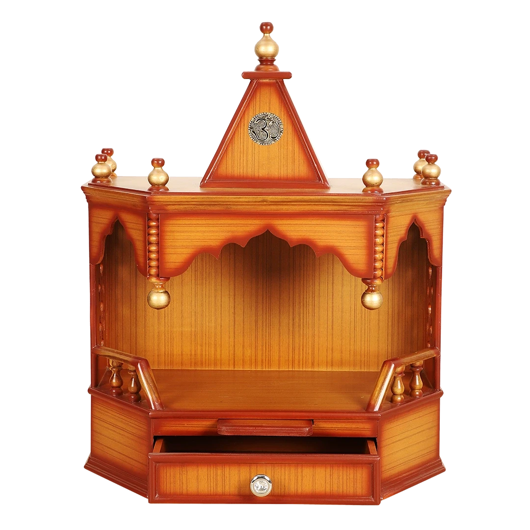 Pratishtha Solid Wood Wall Mount Pooja Mandir/Wooden temple for home in Teak Gold color front view open drawers