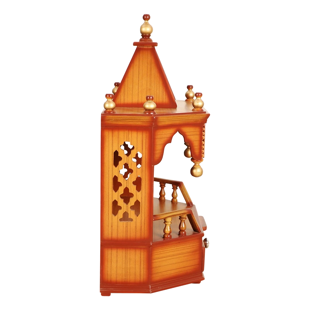 Pratishtha Solid Wood Wall Mount Pooja Mandir/Wooden temple for home in Teak Gold color side view featuring jali design