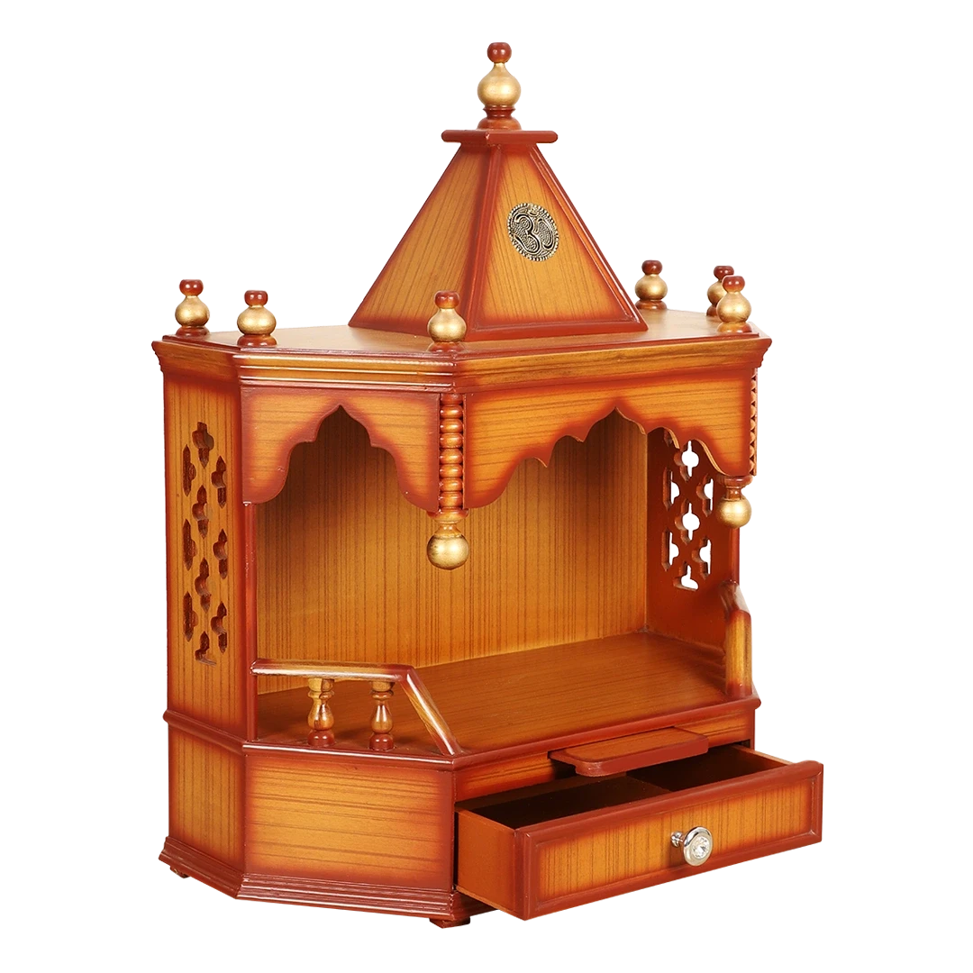 Pratishtha Solid Wood Wall Mount Pooja Mandir/Wooden temple for home in Teak Gold color 45° side view open drawer