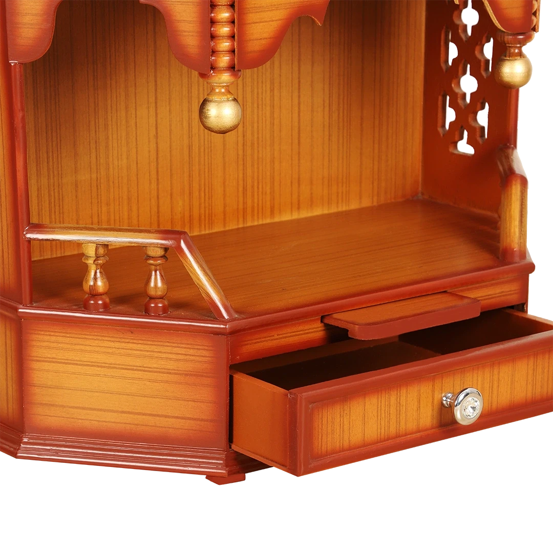 Pratishtha Solid Wood Wall Mount Pooja Mandir/Wooden temple for home in Teak Gold color zoom view open drawer