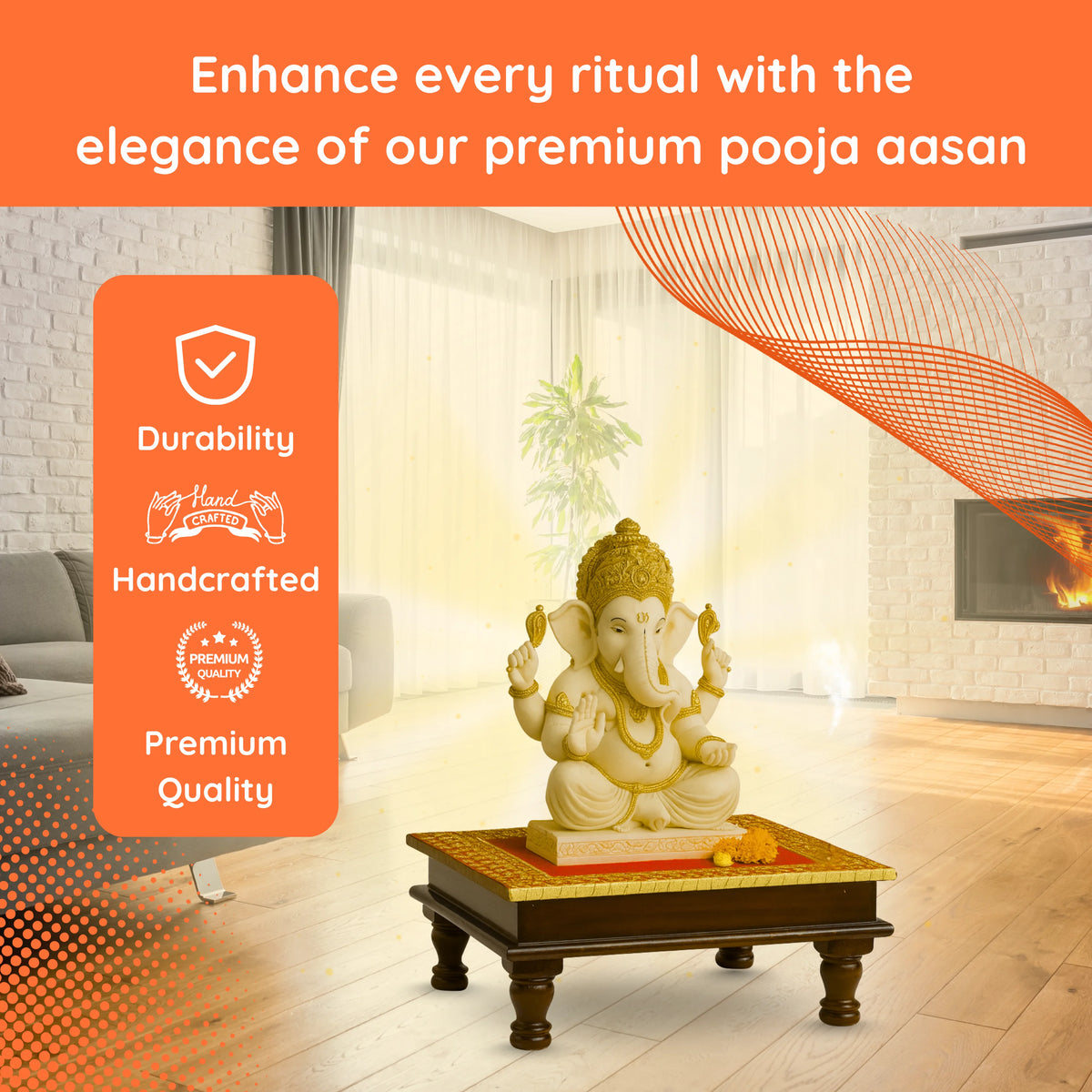 Premium red velvet pooja aasan with golden lace border placed under Ganeshidol