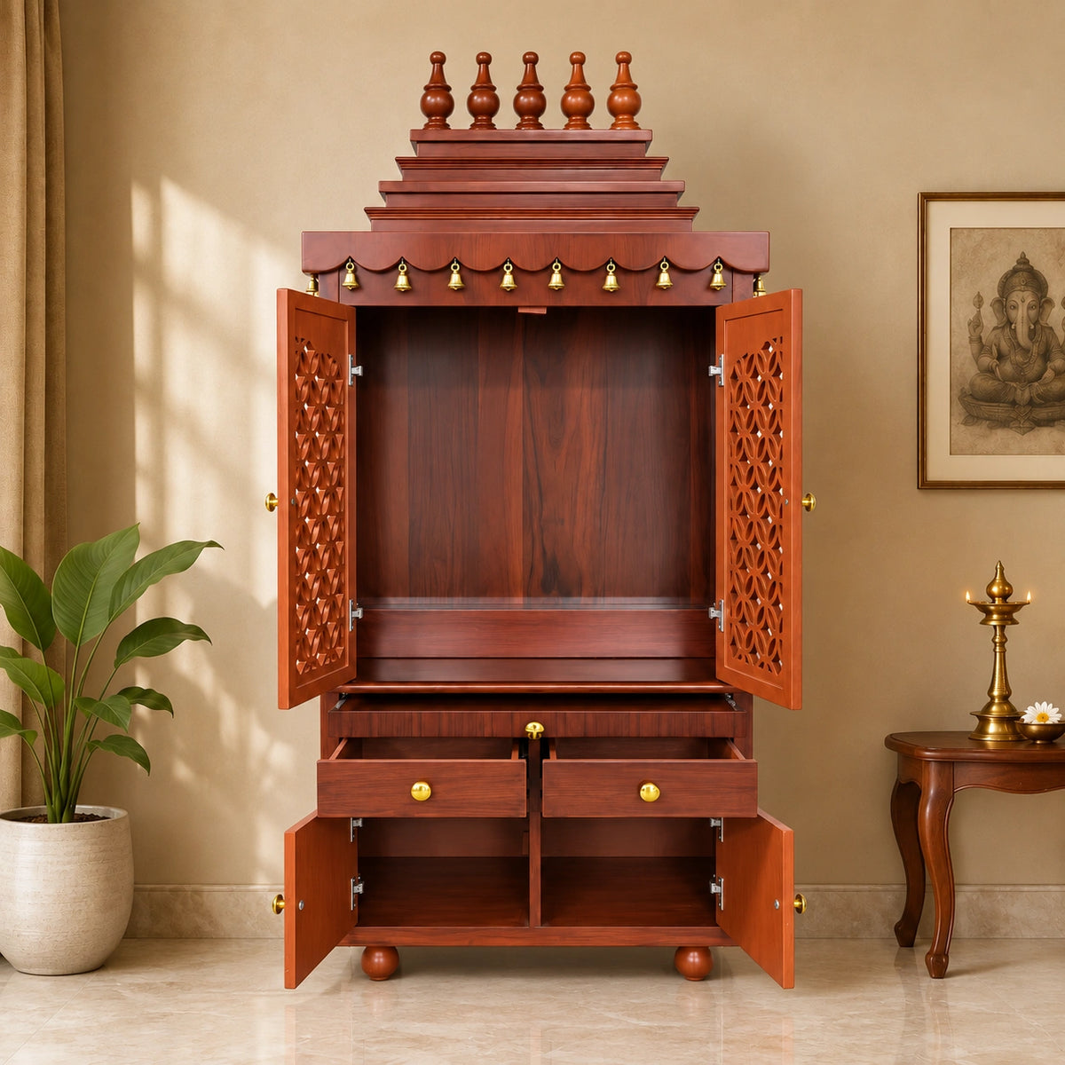 Pujadwar Teak Wood Pooja Mandap With Doors (Teak) Open Drawers Vew