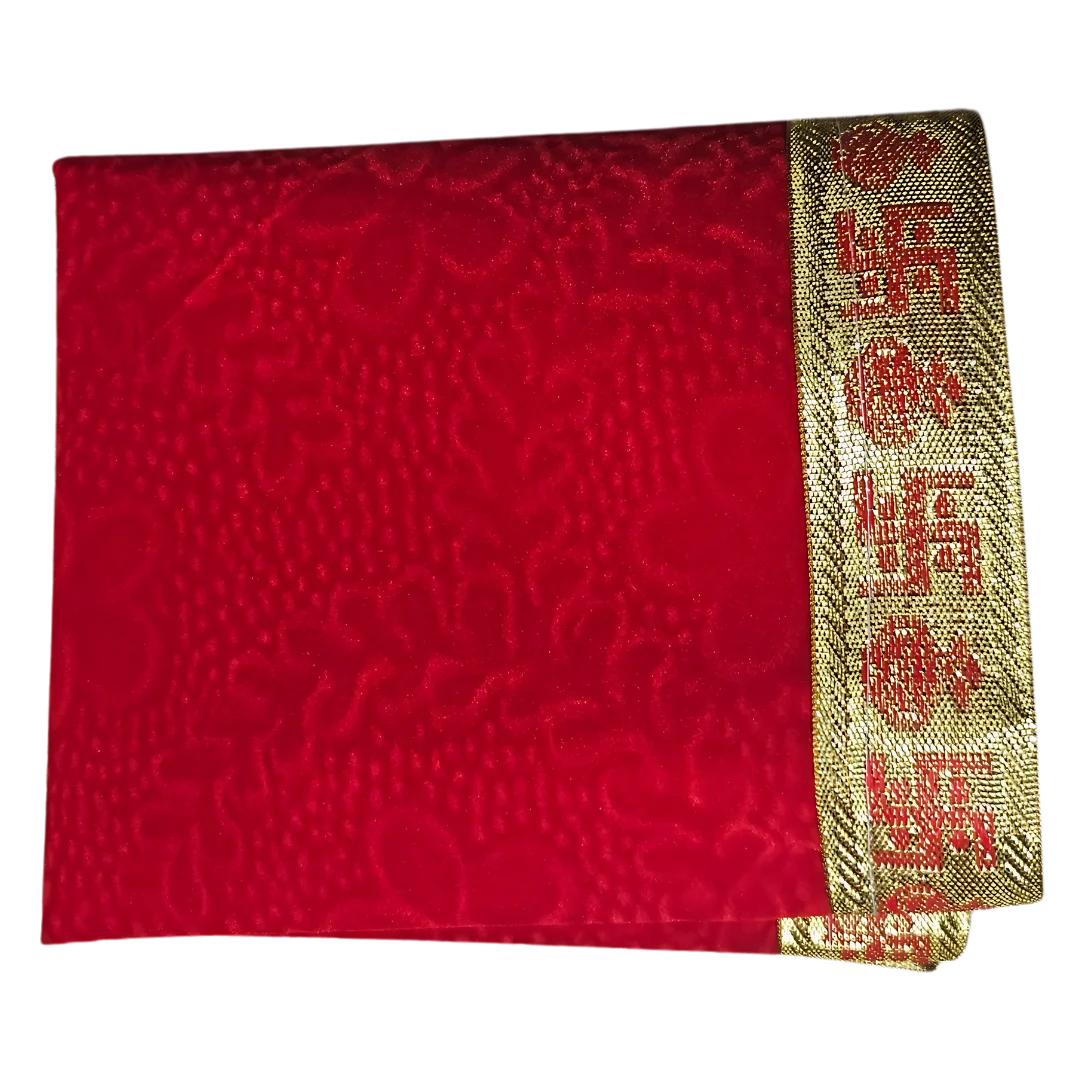 Red Floral Design Pooja Aasan with Swastik Border – 23x13 Inch top view fold view
