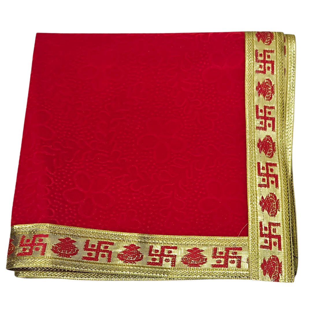 Red Pooja Aasan with Swastik Kalash Border – 14x14 Inch fold view