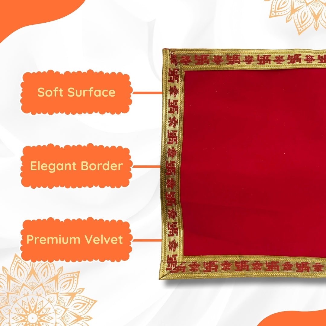 Red Pooja Aasan with Swastik Kalash Border – 12x12.4 Inch specification view