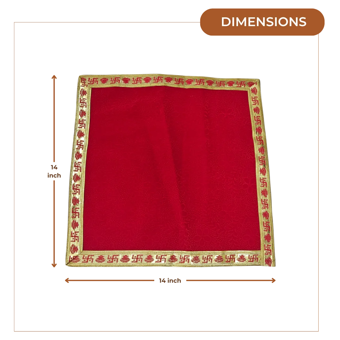 Red Pooja Aasan with Swastik Kalash Border – 14x14 Inch dimensions
