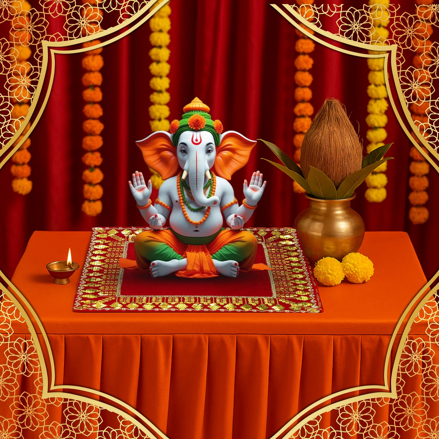 Red Velvet Pooja Aasan with Golden Sequin Lace lifestyle view