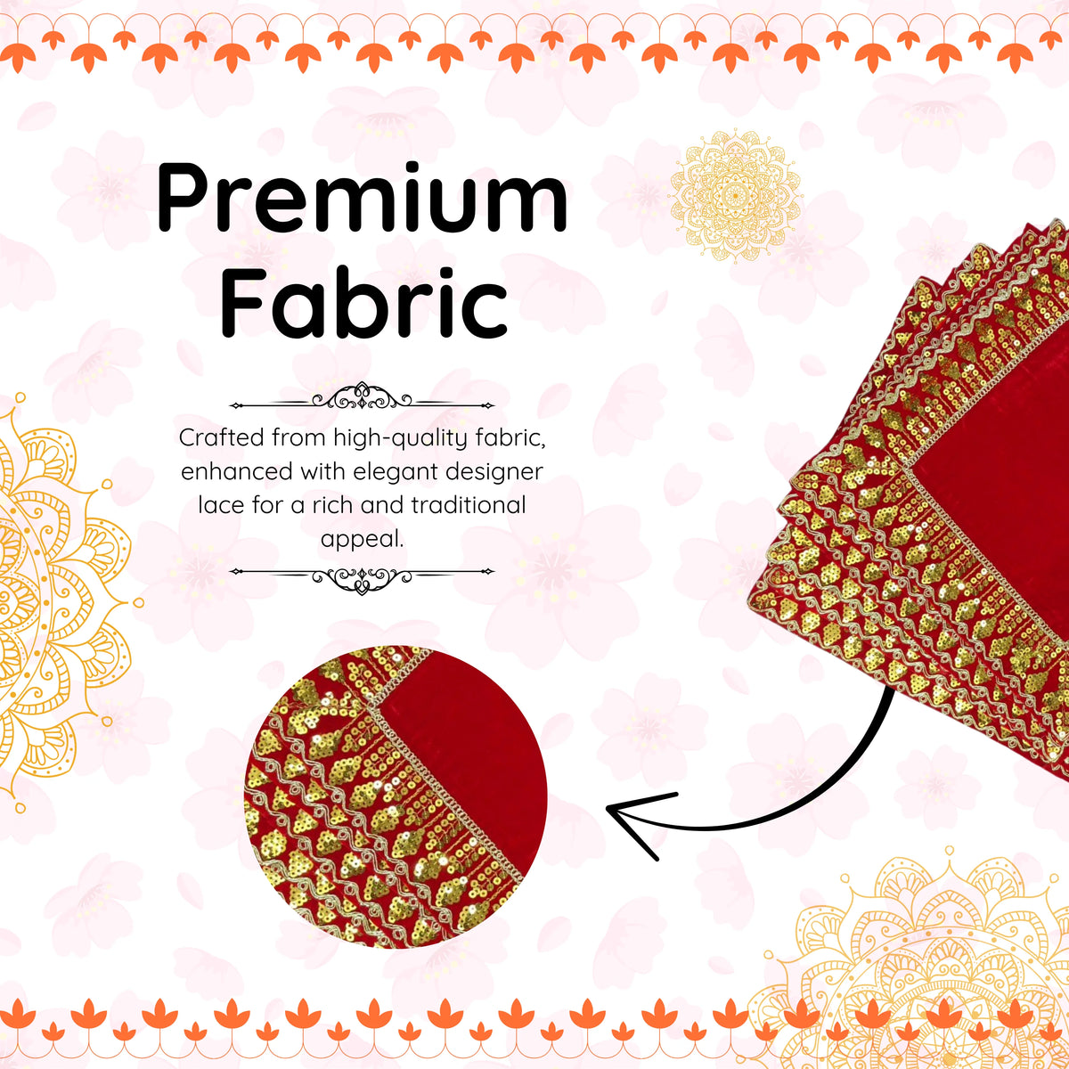 Red Velvet Pooja Aasan with Golden Sequin Lace premium fabric image