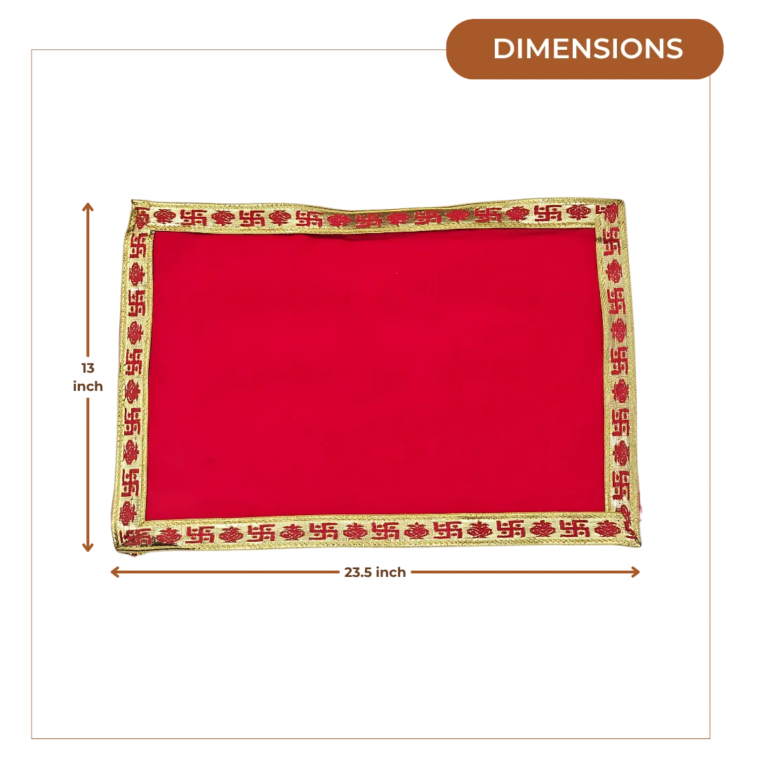 Red Velvet Pooja Aasan with Golden Swastik Border – 13x23.6 Inch dimensions