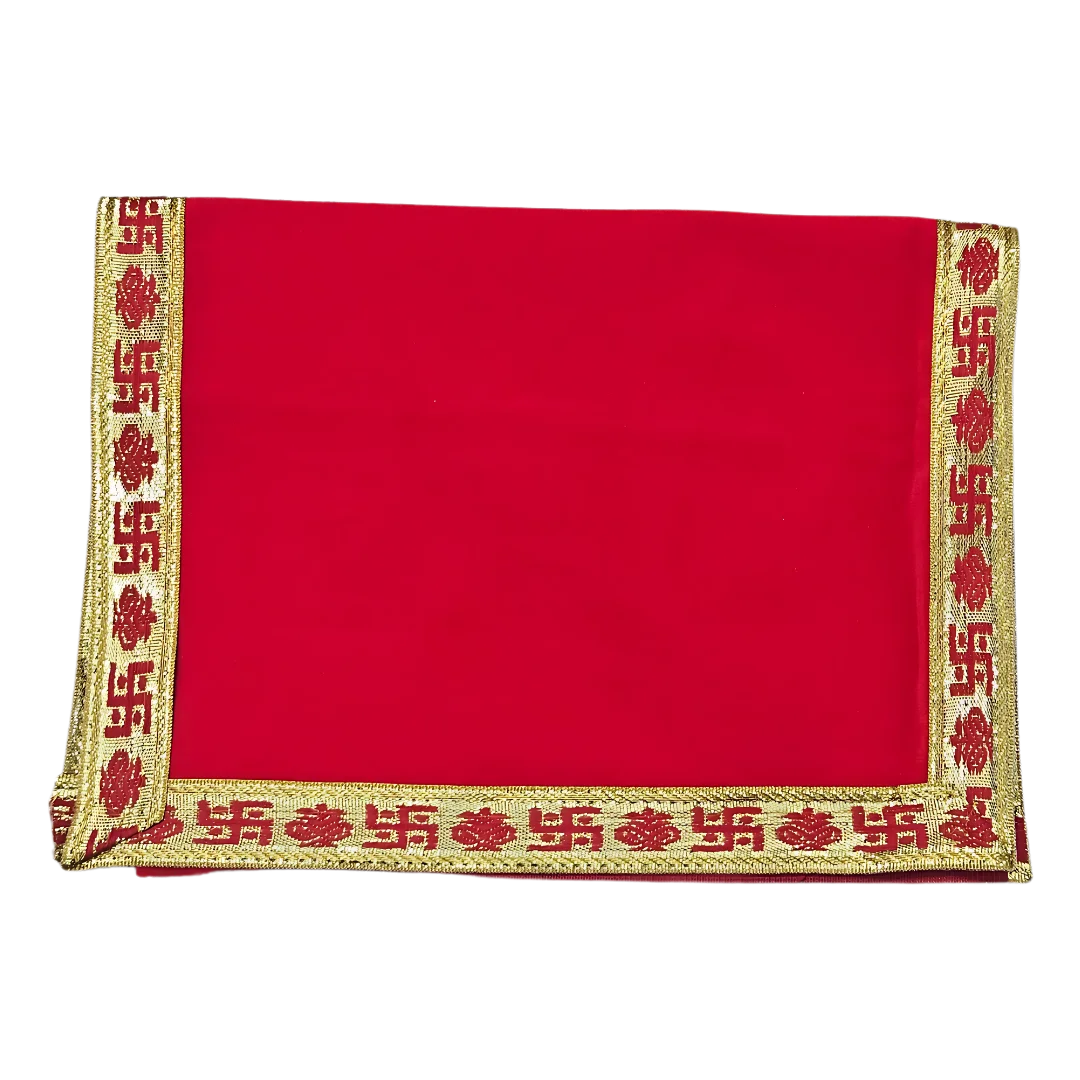 Red Velvet Pooja Aasan with Golden Swastik Border – 13x23.6 Inch fold view