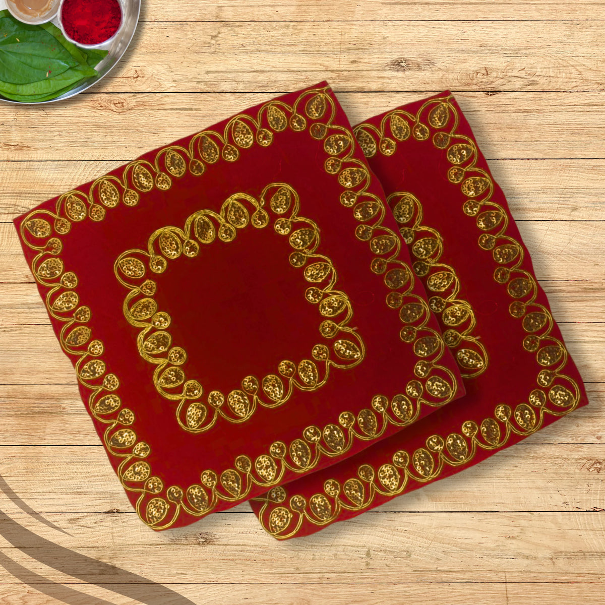 Red Velvet Pooja Aasan with Heavy Golden Embroidery main view