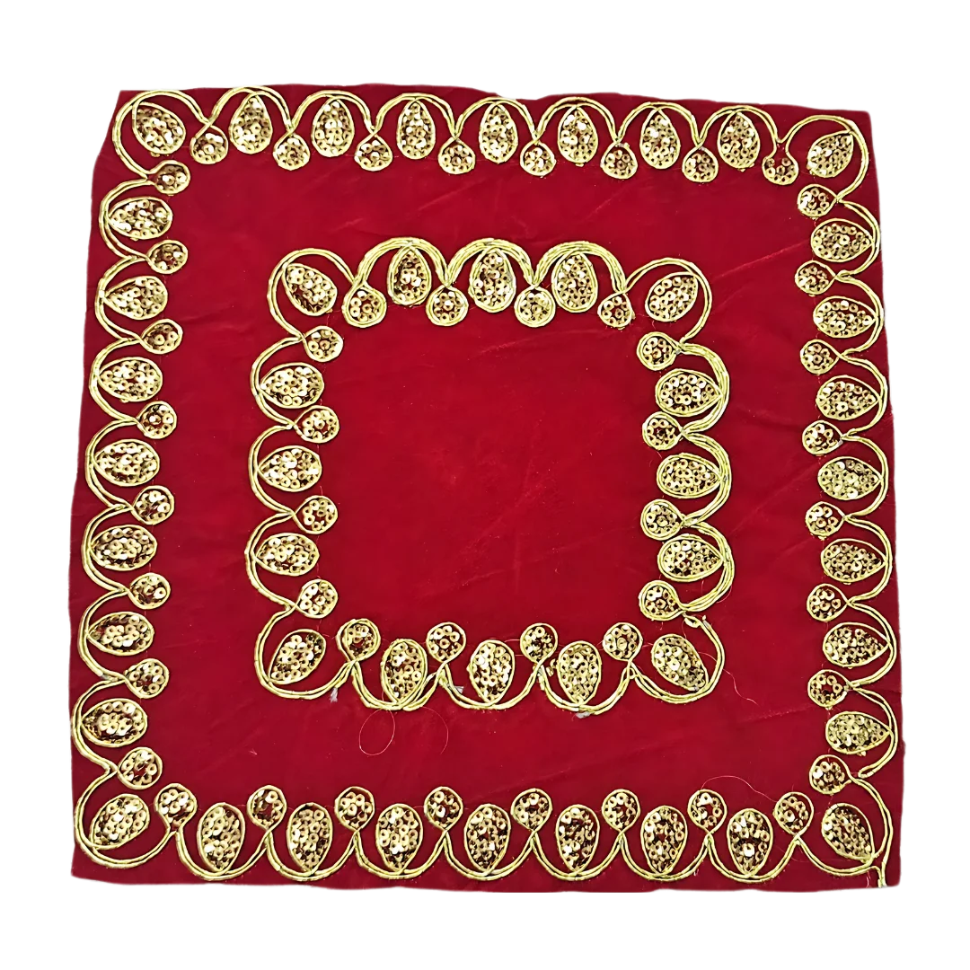 Red Velvet Pooja Aasan with Heavy Golden Embroidery top view