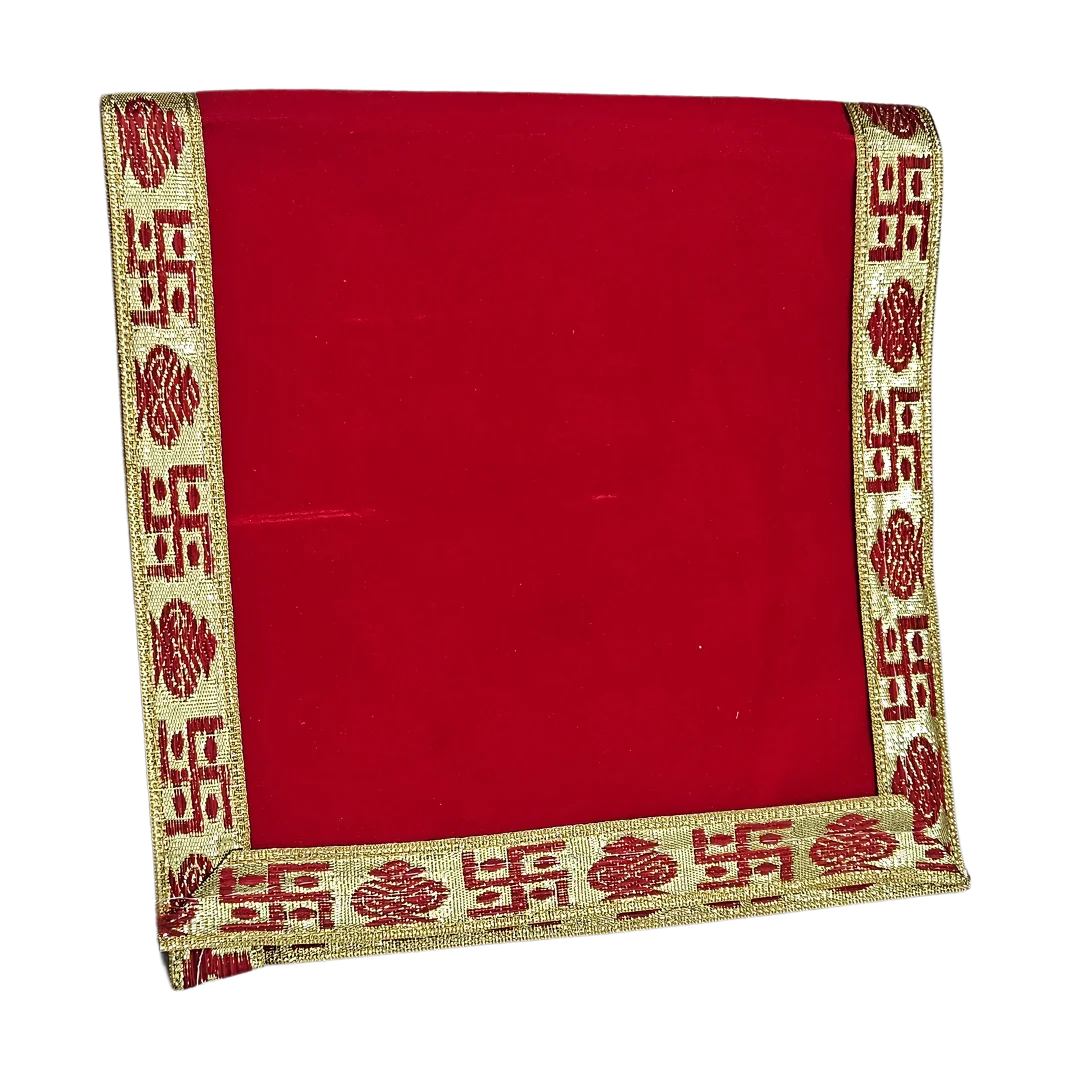 Red Velvet Pooja Aasan with Swastik Border – 09x13.4 Inch fold view