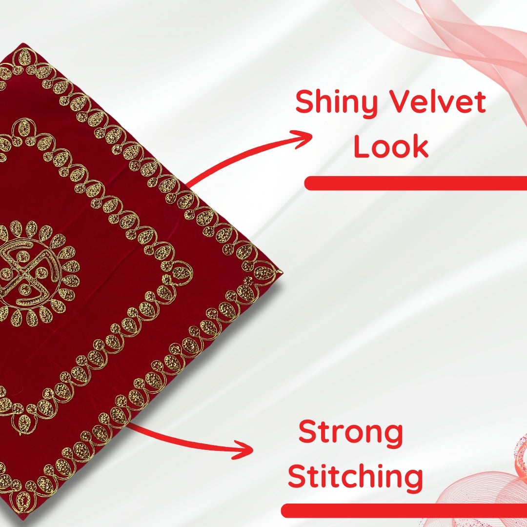 Red Velvet Pooja Aasan with Swastik Embroidery border view