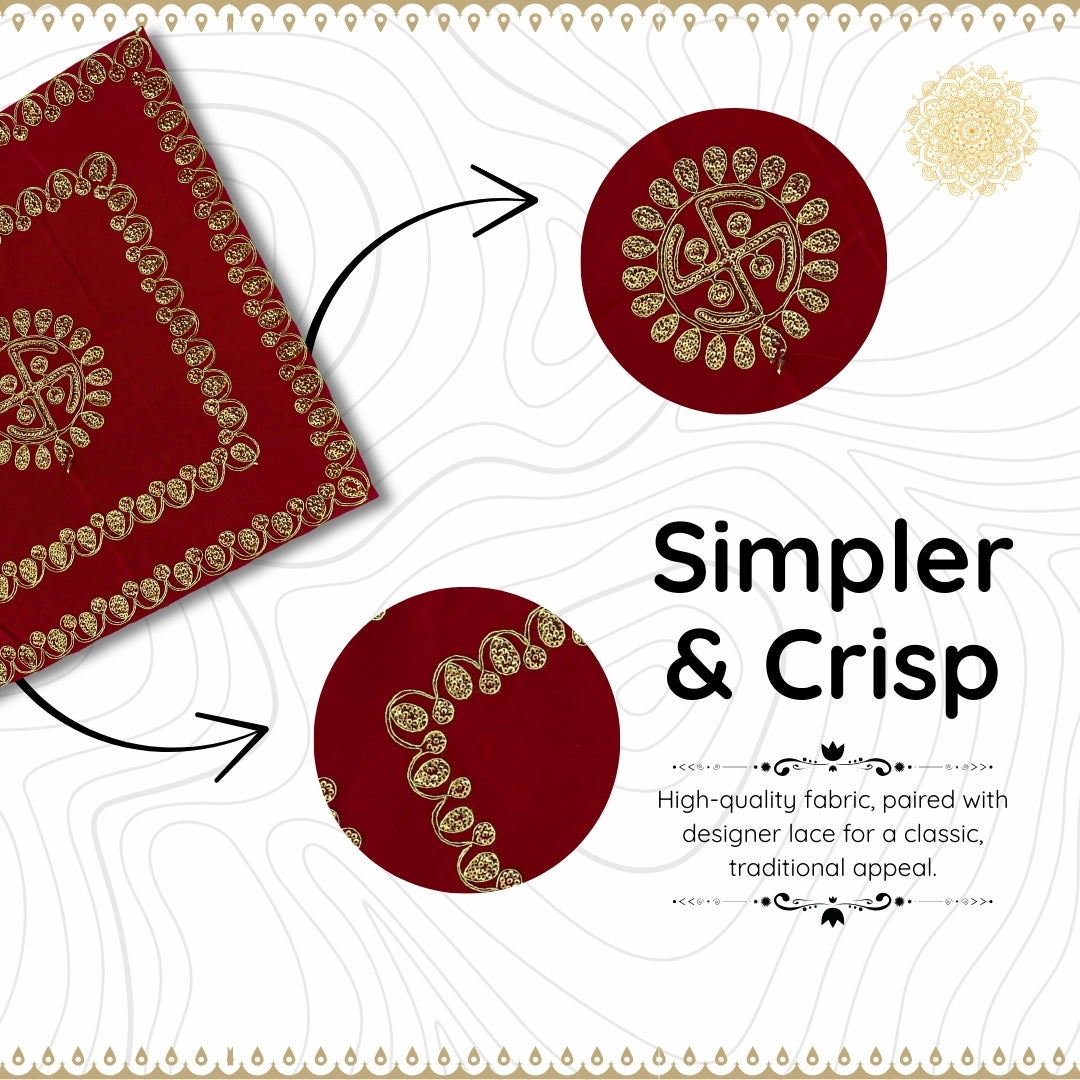 Red Velvet Pooja Aasan with Swastik Embroidery pattren view