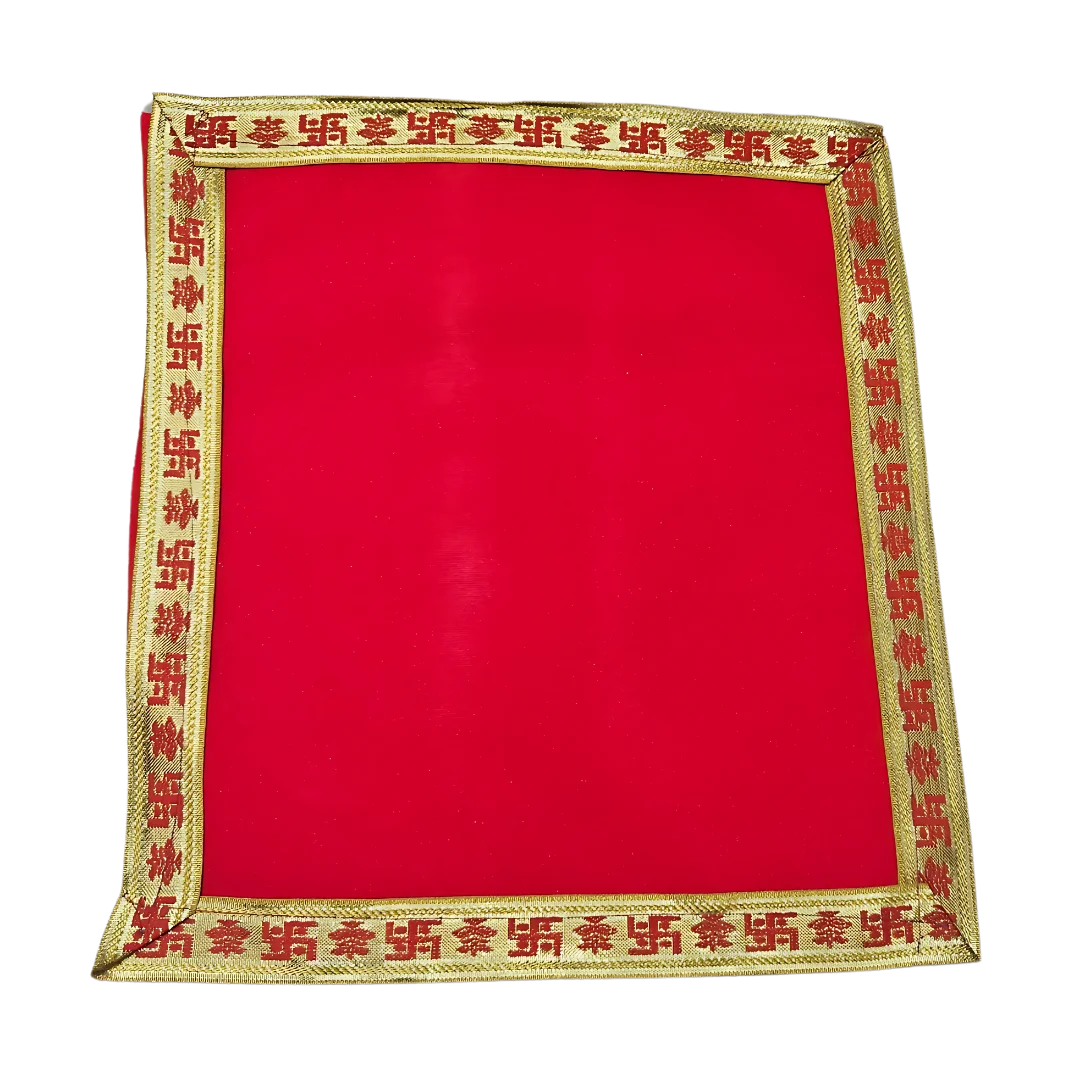 Red Velvet Pooja Aasan with Swastik Kalash Border – 11.5x11 Inch top view