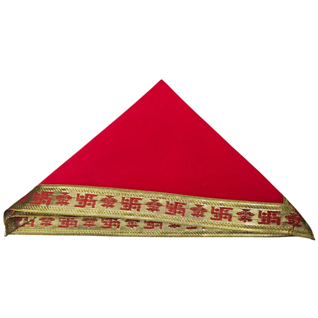 Red Velvet Pooja Aasan with Swastik Kalash Border – 11.5x11 fold view