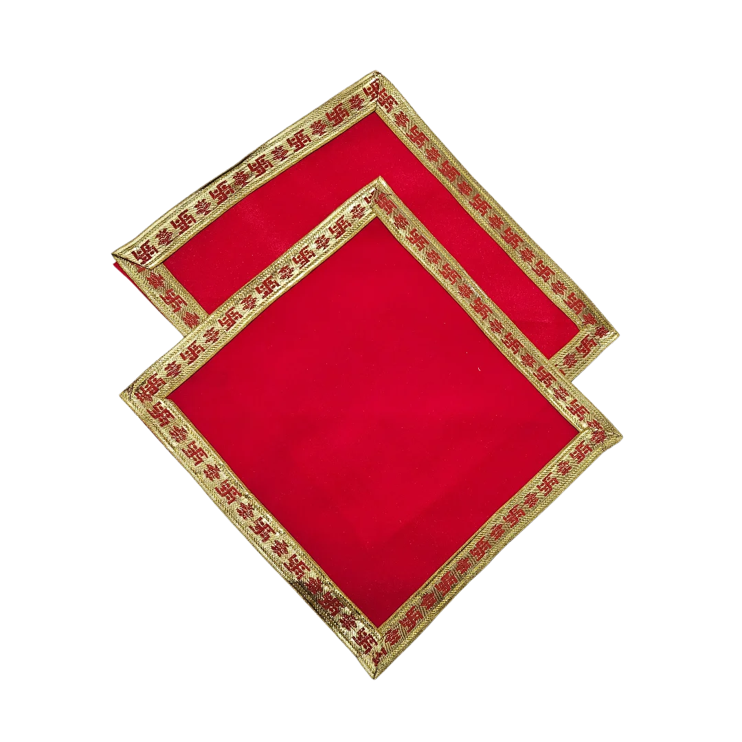 Red Velvet Pooja Aasan with Swastik Kalash Border – 11.5x11 two asan place together view