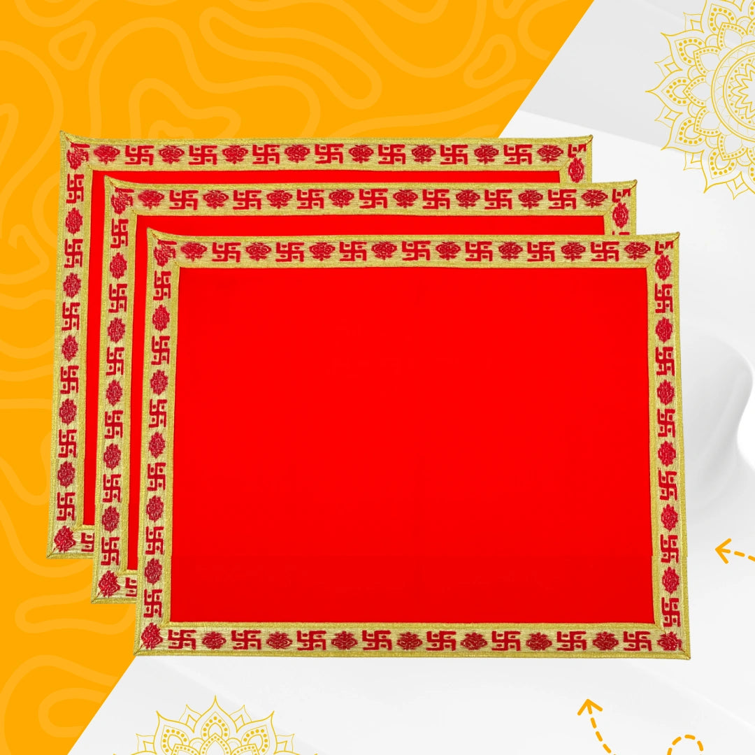 Red Velvet Pooja Aasan with Swastik Kalash Border – 11.5x11 Inch top view
