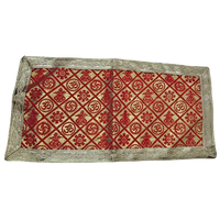 Red and Golden Brocade Puja Aasan with Spiritual Motifs top view