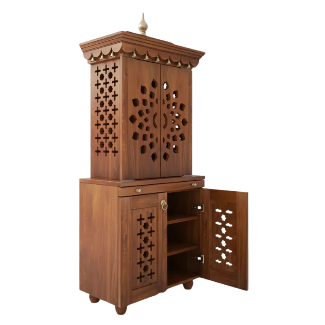 Rudralaya Teak Wood Pooja Mandap with Door (Teak) side view