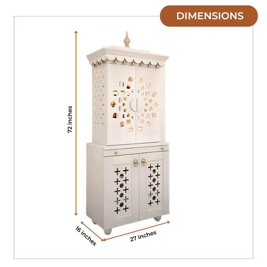 Rudralaya Teak Wood Pooja Mandap with Door (White) Dimensions