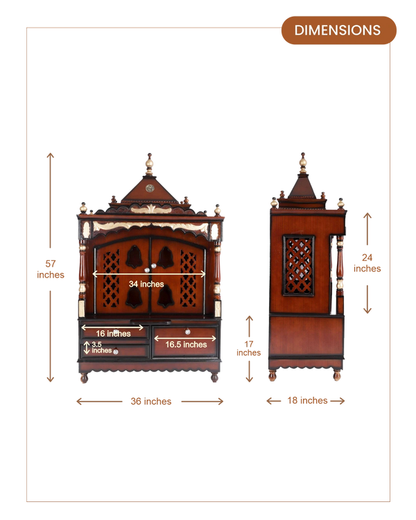 Sacred Home Large Floor Rested Pooja Mandir with Door (Brown Gold) dimensions