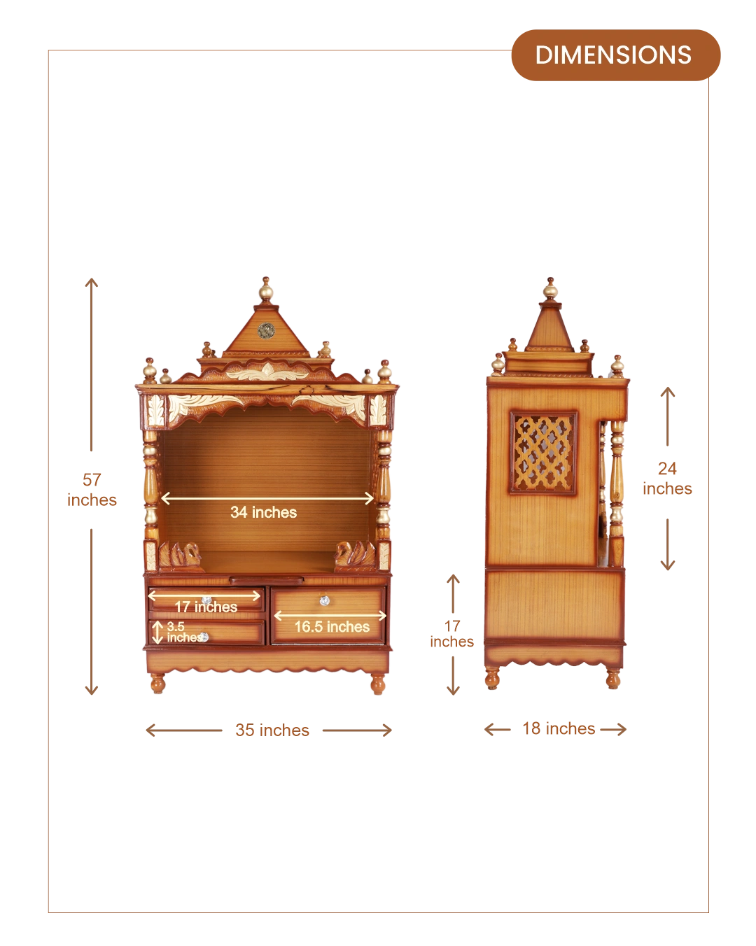 Sacred Home Large Floor Rested Pooja Mandir with Door (Teak Gold) dimensions