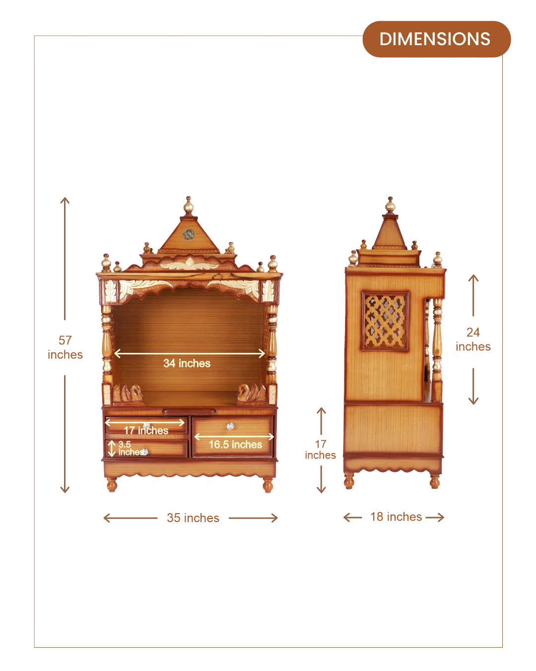 Sacred Home Large Floor Rested Pooja Mandir with Door (Teak Gold)