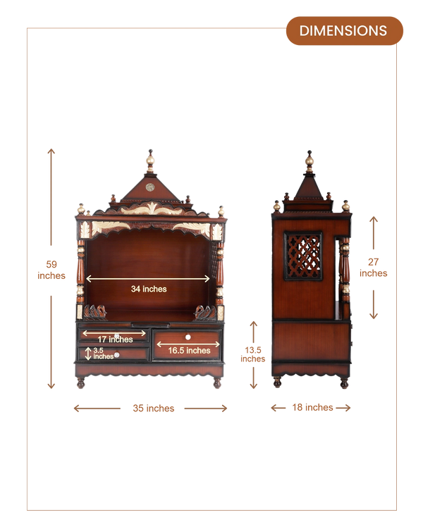 Sacred Home Large Floor Rested Pooja Mandir without Door (Brown Gold) dimensions