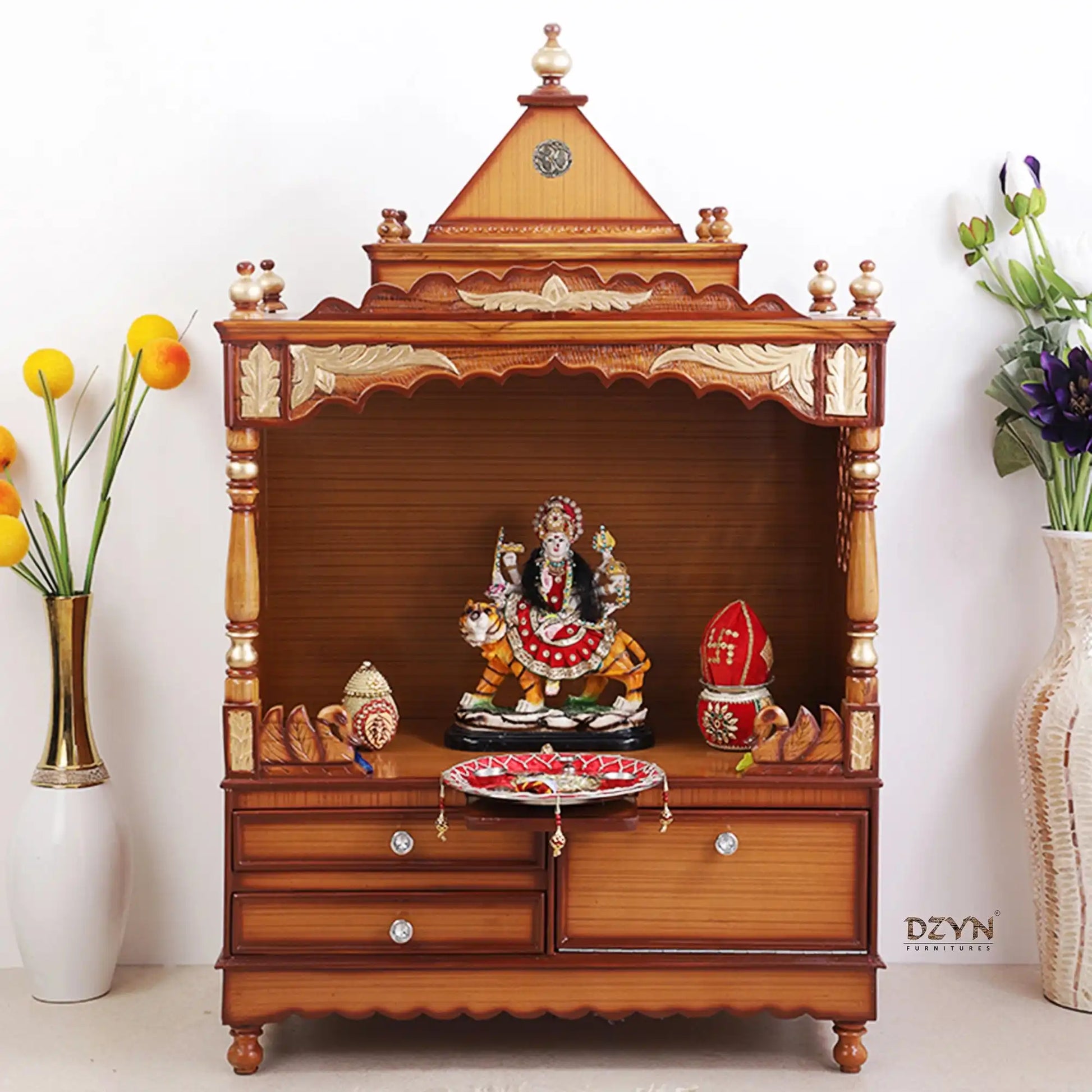 Sacred Home Large Floor Rested Pooja Mandir without Door (Teak Gold) lifestyle view