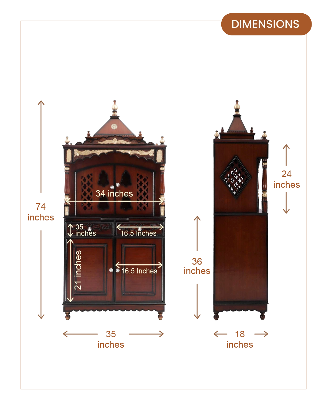 Sacred Palace Large Floor Rested Pooja Mandap with Door (Brown Gold) dimensions