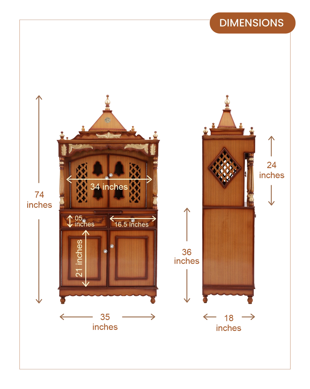 Sacred Palace Large Floor Rested Pooja Mandap with Door (Teak Gold) dimensions