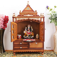 Sacred Space Large Floor Rested Pooja Mandir with Door (Teak Gold) Lifestyle view