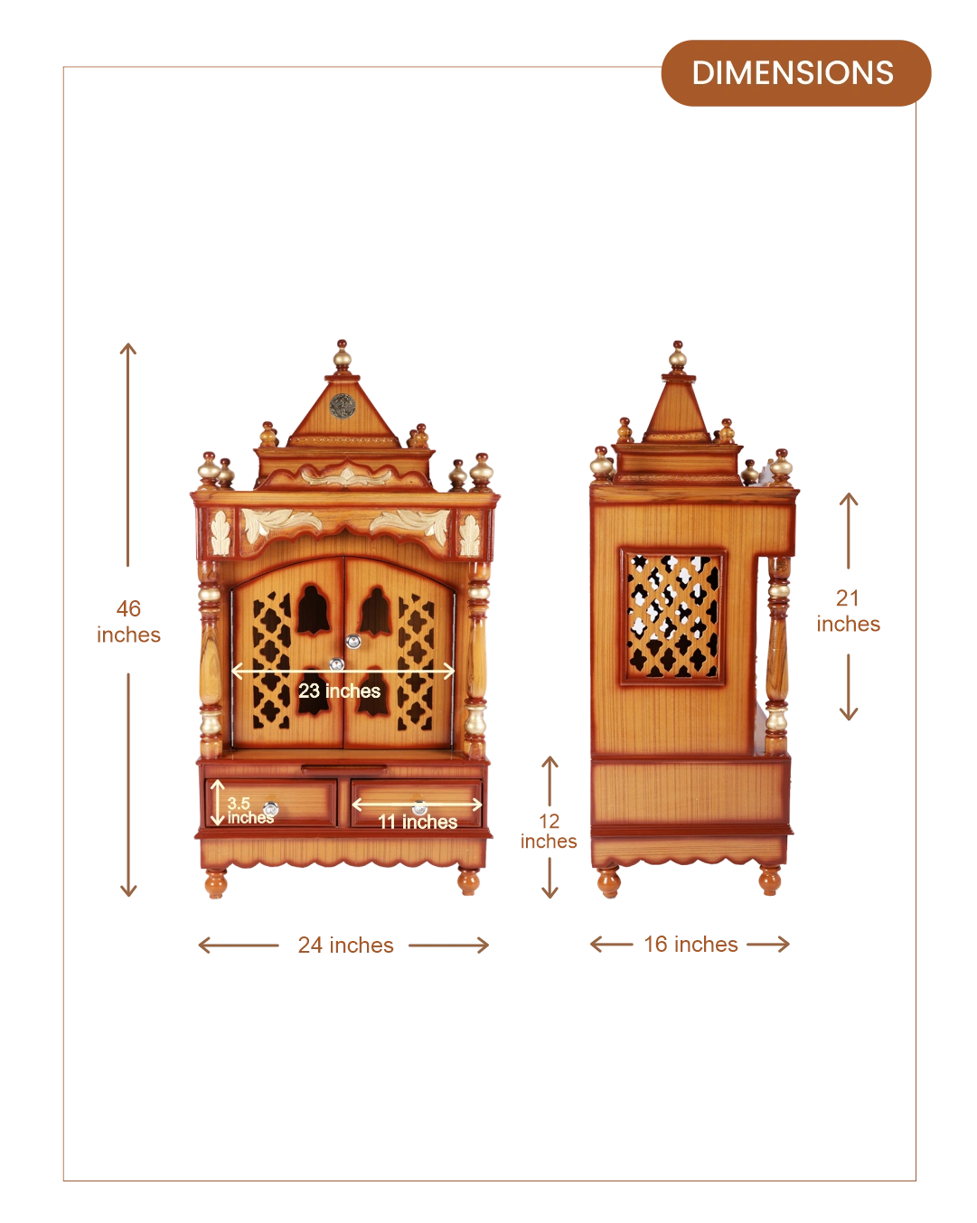 Sacred Space Large Floor Rested Pooja Mandir with Door (Teak Gold) dimesnions