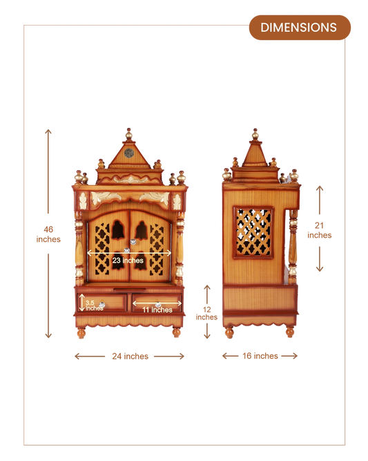Sacred Space Large Floor Rested Pooja Mandir with Door (Teak Gold) dimesnions