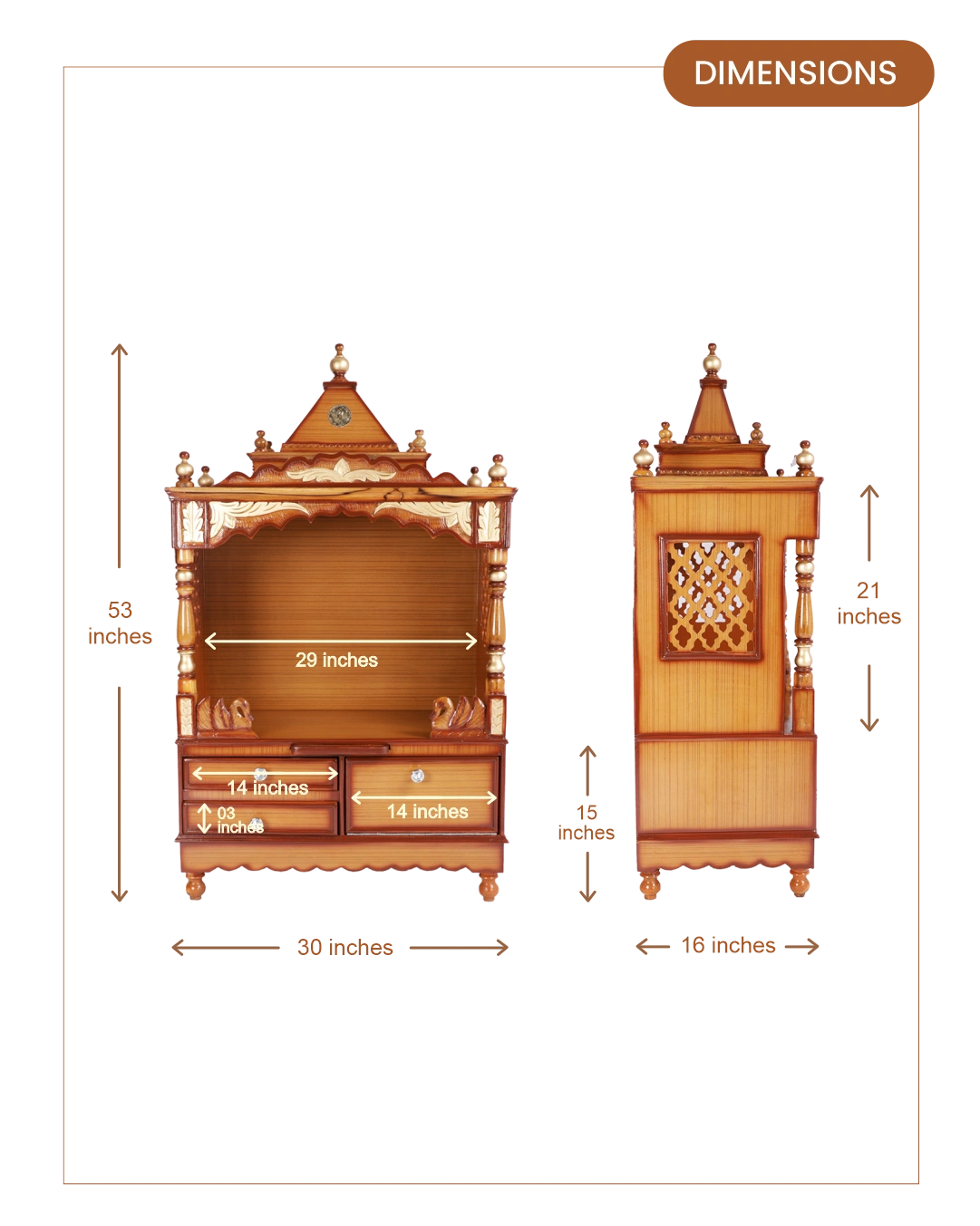 Sacred Space Large Floor Rested Pooja Mandir without Door (Teak Gold) dimensions