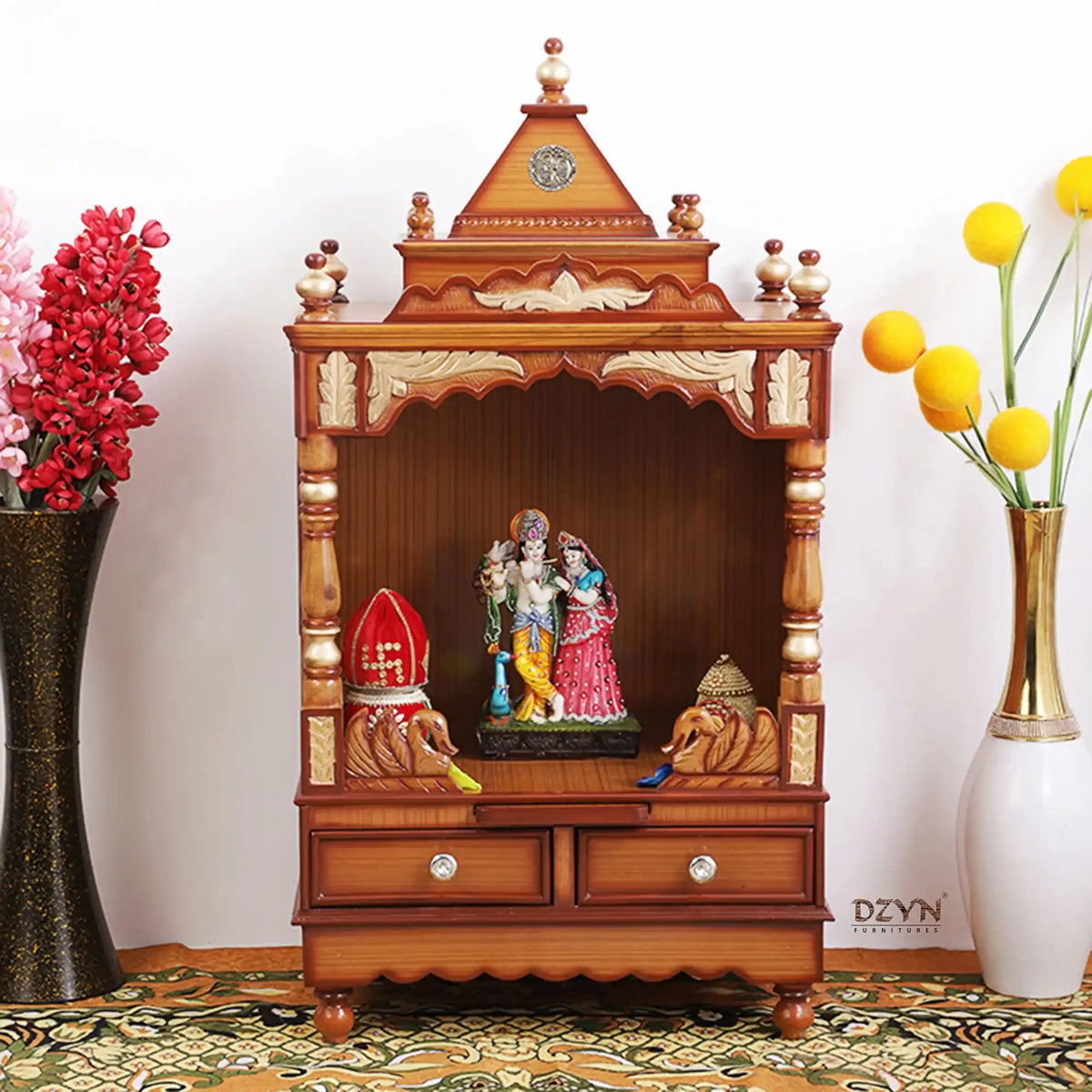Sacred Space Medium Floor Rested Pooja Mandir without Door (Teak Gold) lifestyle view