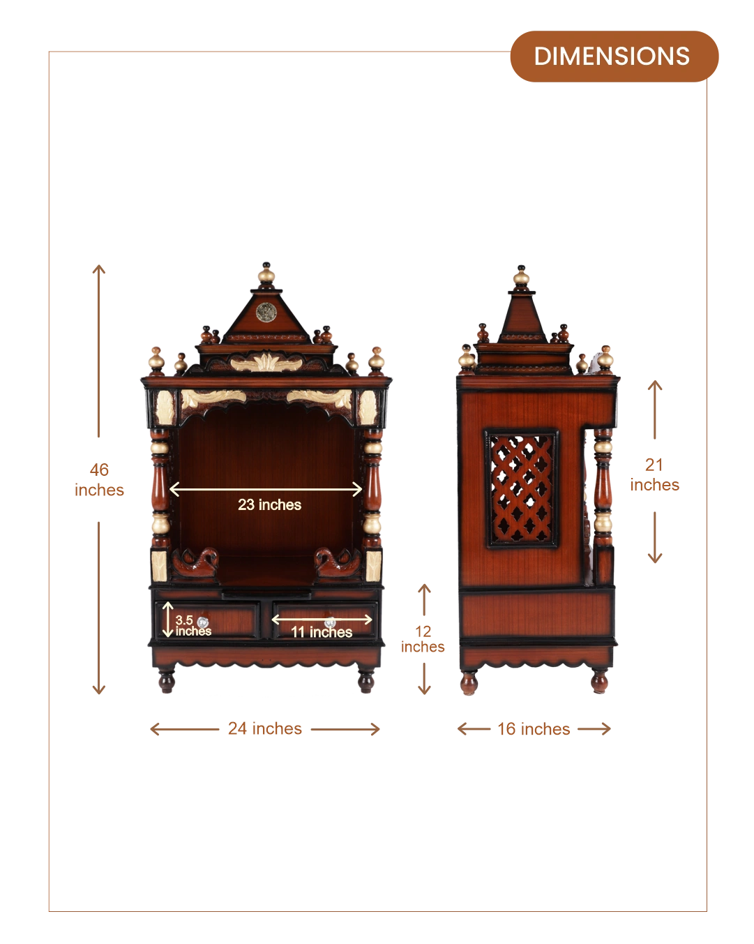 Sacred Space Medium Floor Rested Pooja Mandir without Door (Brown Gold) dimensions