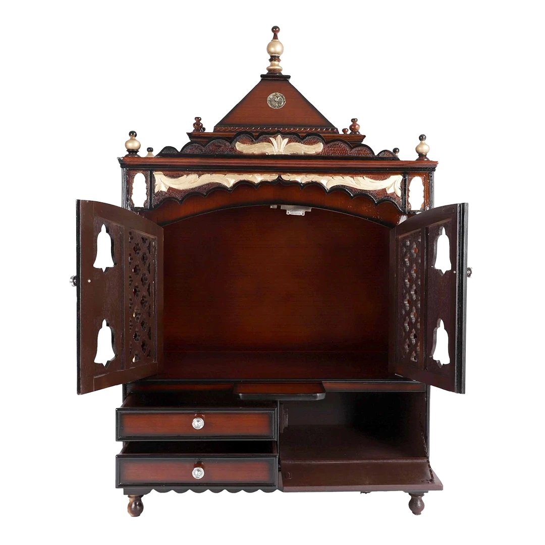 Sacred Home Large Floor Rested Pooja Mandir/Wooden temple with doors for home in Brown Gold color front view open drawers