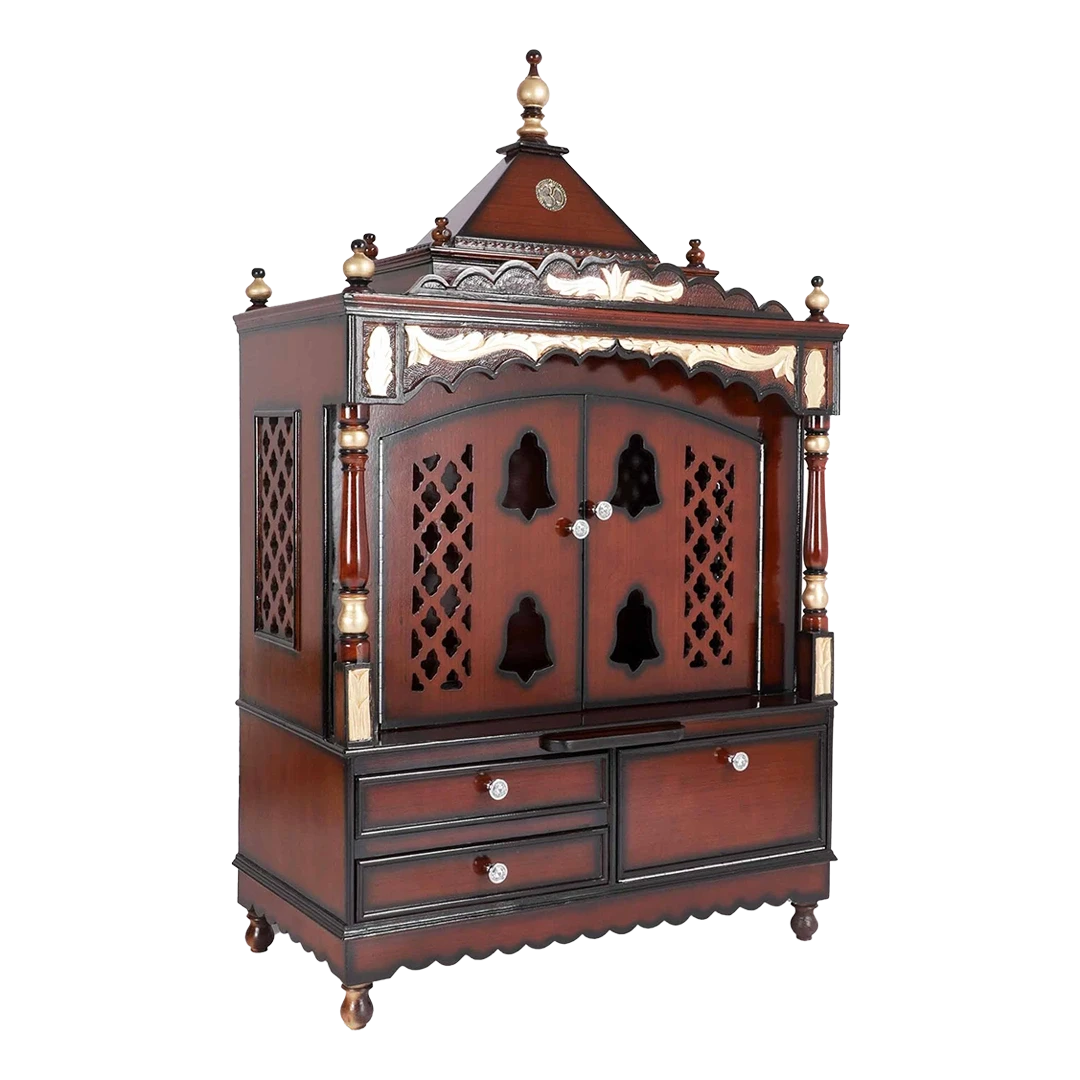 Sacred Home Large Floor Rested Pooja Mandir/Wooden temple with doors for home in Brown Gold color 45° side view