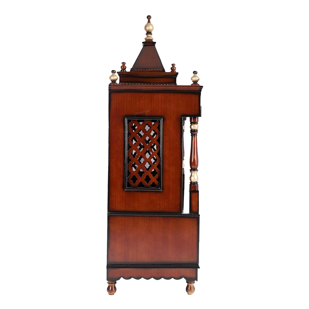Sacred Home Large Floor Rested Pooja Mandir/Wooden temple with doors for home in Brown Gold color side view featuring jali design and Pillars