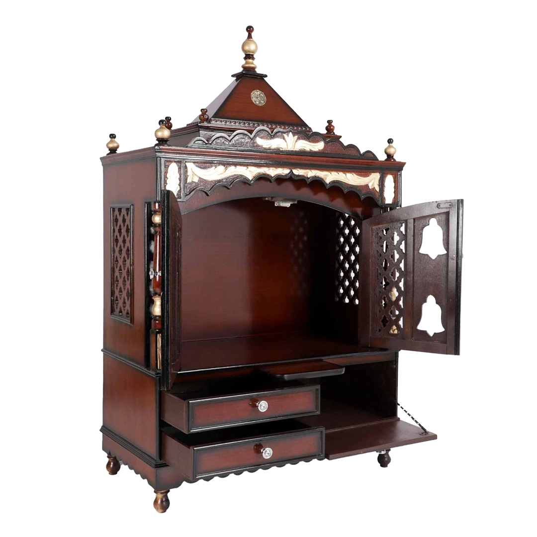 Sacred Home Large Floor Rested Pooja Mandir/Wooden temple with doors for home in Brown Gold color 45° side view open drawers