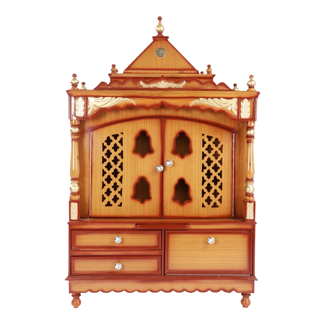 Sacred Home Large Floor Rested Pooja Mandir with Door (Teak Gold)