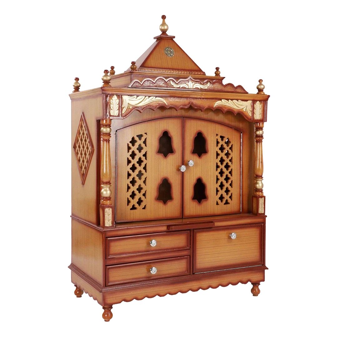 Sacred Home Large Floor Rested Pooja Mandir with Door (Teak Gold)