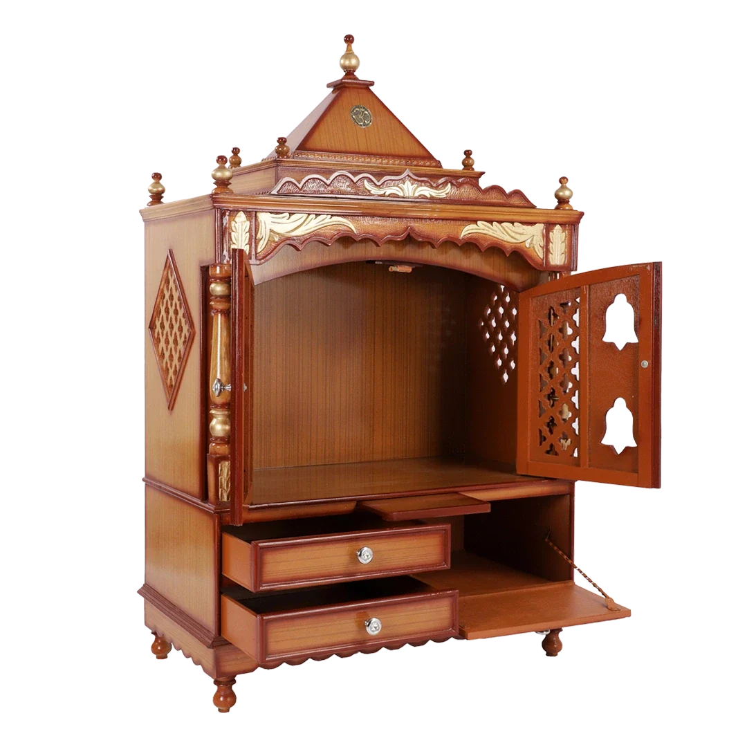 Sacred Home Large Floor Rested Pooja Mandir with Door (Teak Gold)